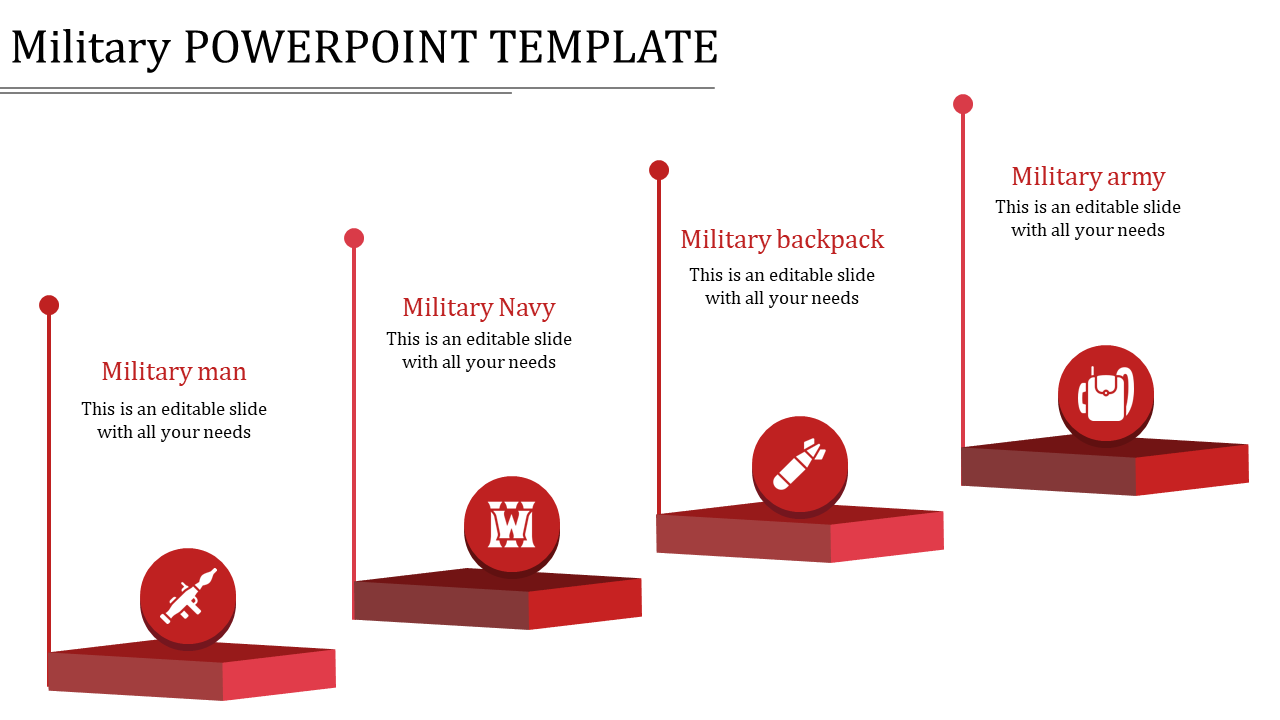 Redscale military themed PowerPoint slide featuring icons for a soldier, navy, backpack, and army on tiered platforms.