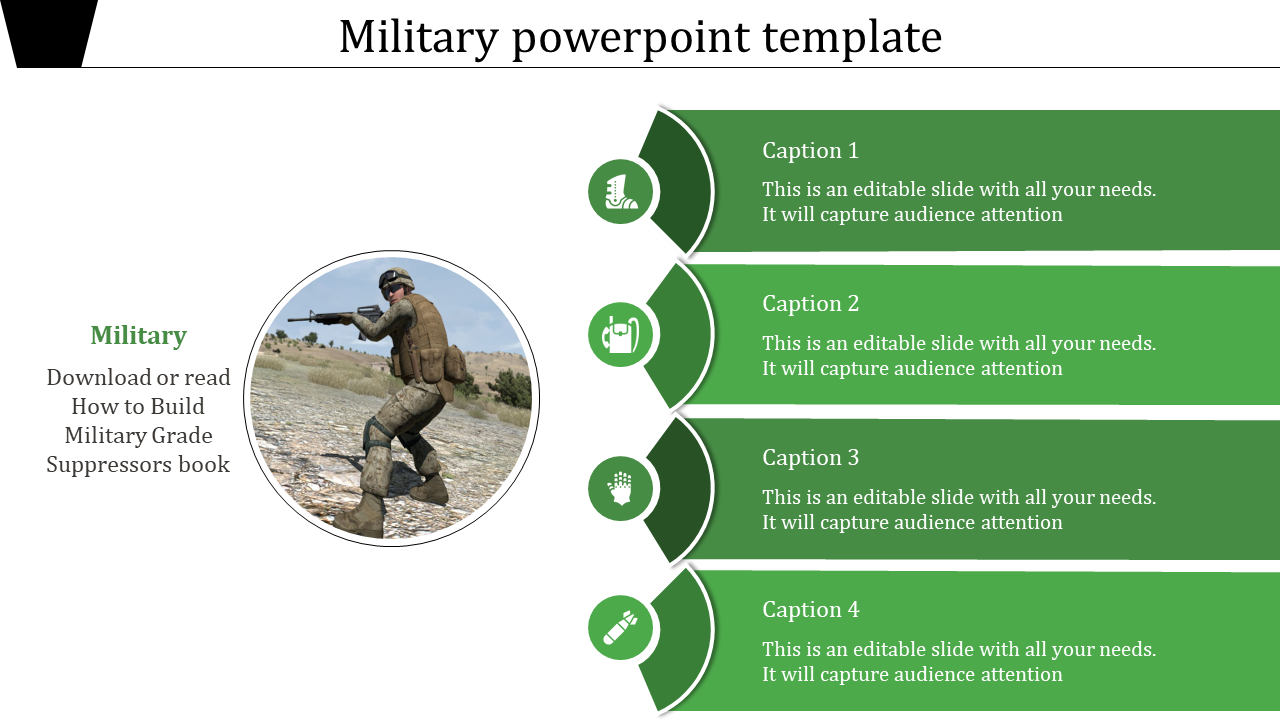 Military-themed slide with a circular image of a soldier on the left and four green caption boxes on the right.