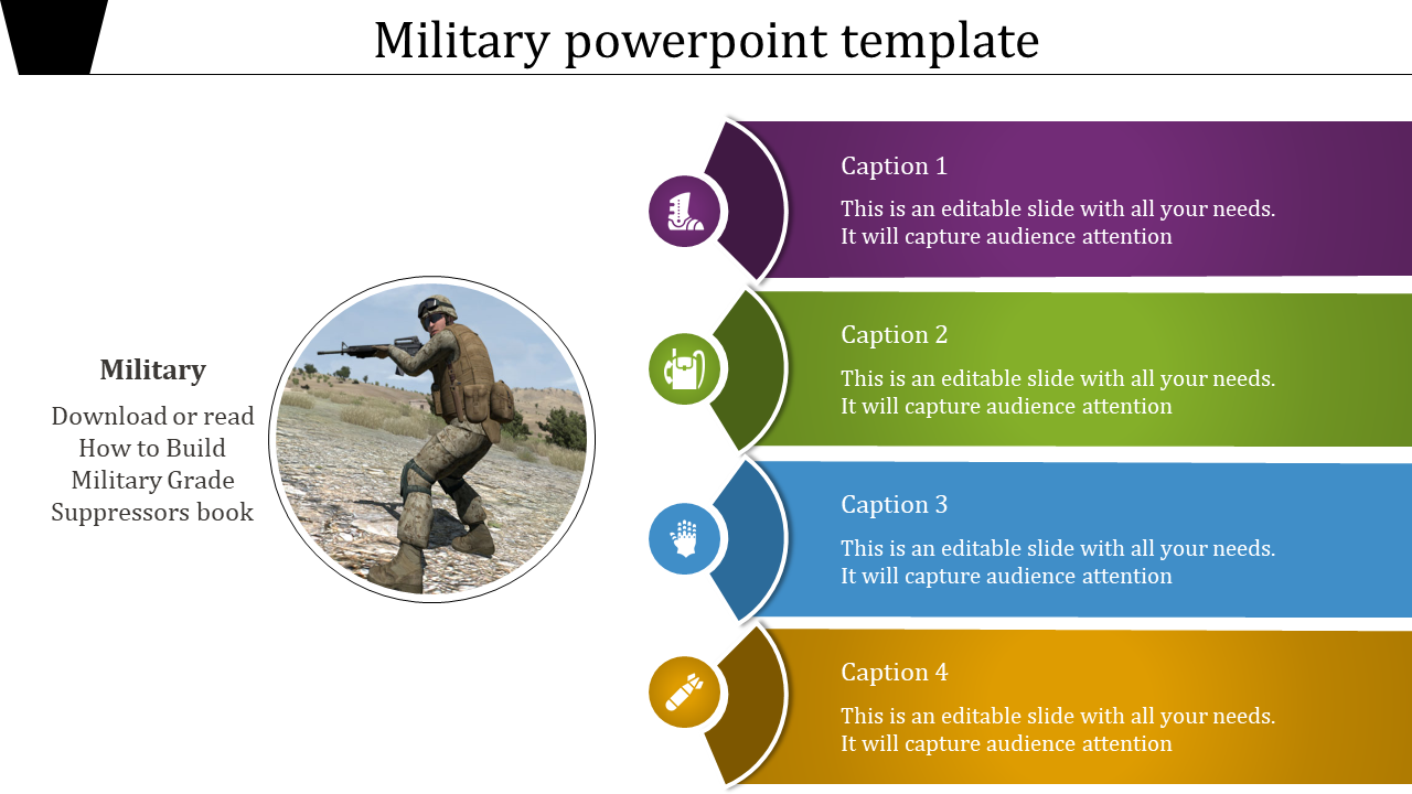 Military-themed slide with a circular image of a soldier and four colored caption boxes on the right.