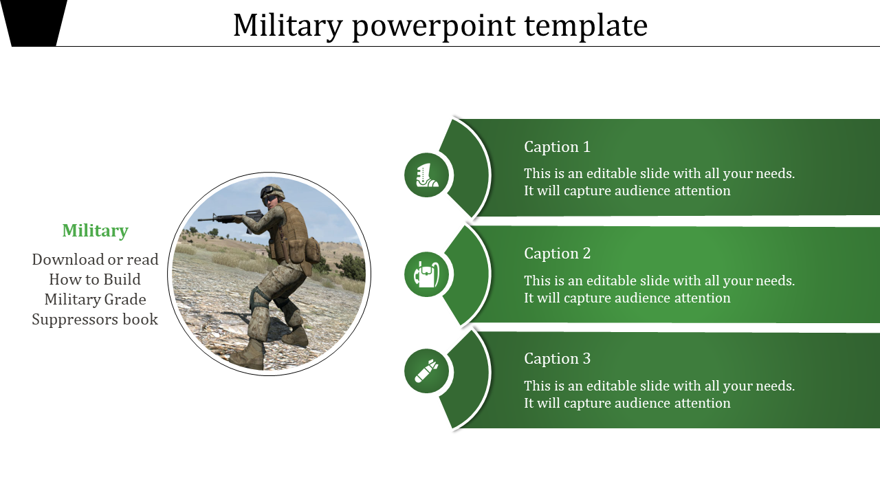 Military slide with a soldier image on the left, three green caption boxes with icons on the right.