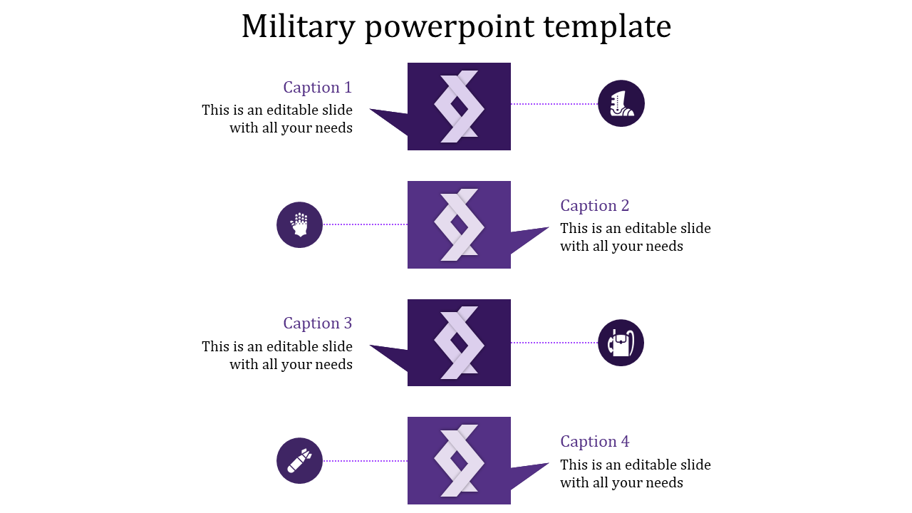 A military themed PowerPoint slide with placeholders for text and icons representing various military concepts.