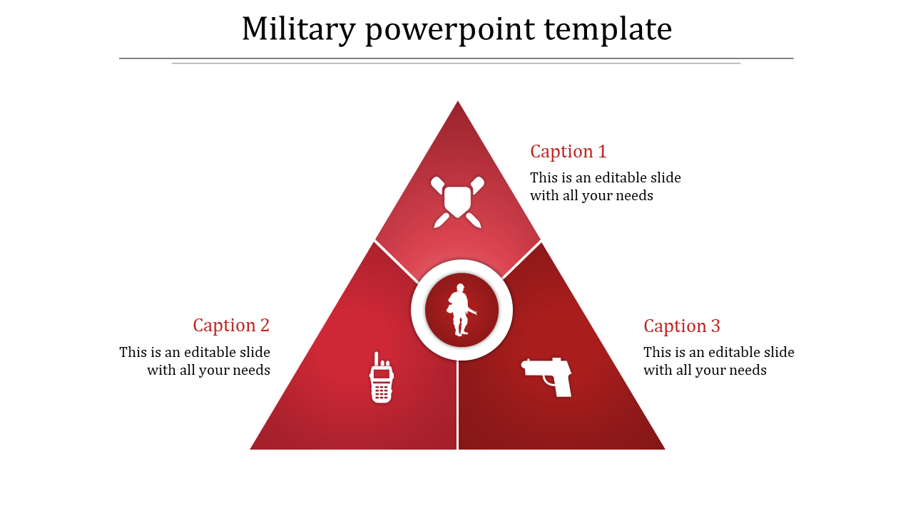 Military themed slide with a red triangular layout featuring icons for defense, communication, and weaponry.