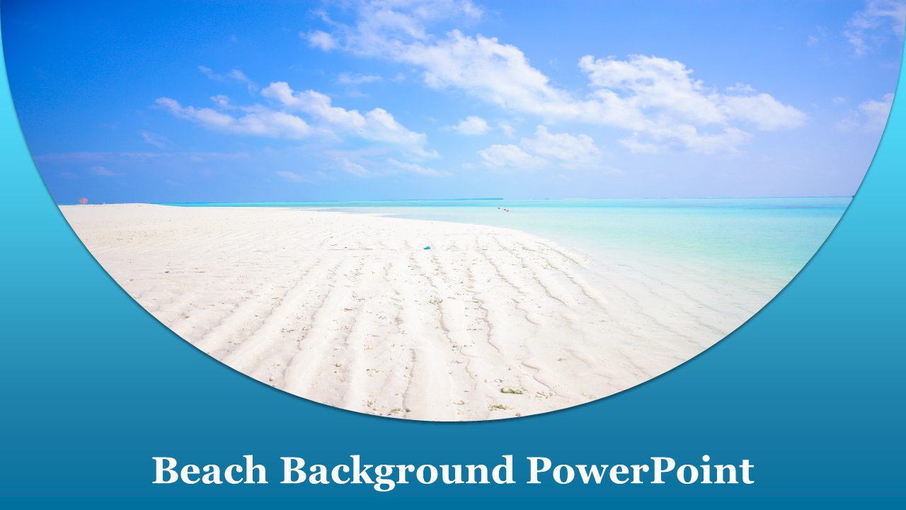 White sandy beach and turquoise water beneath a clear sky, with title written on a blue banner below.