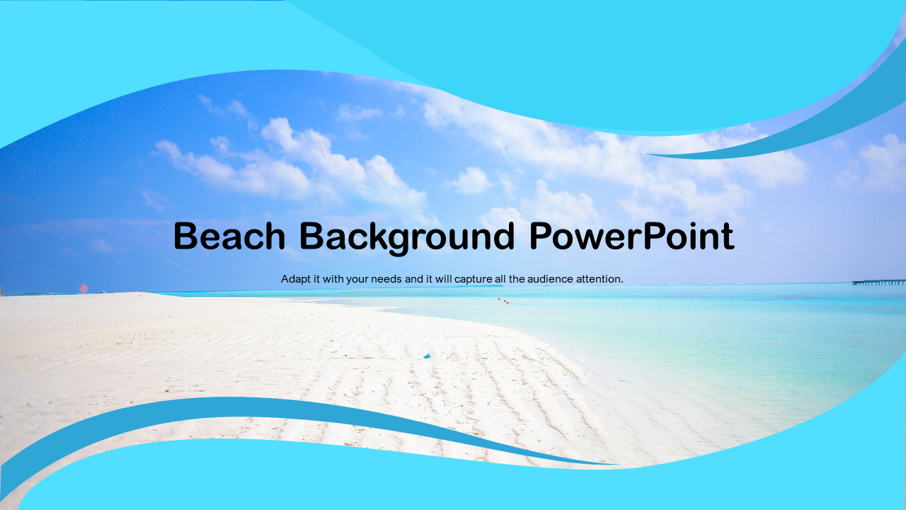 A sandy beach with a clear sky and ocean, overlaid with blue wave like shapes and centered text.