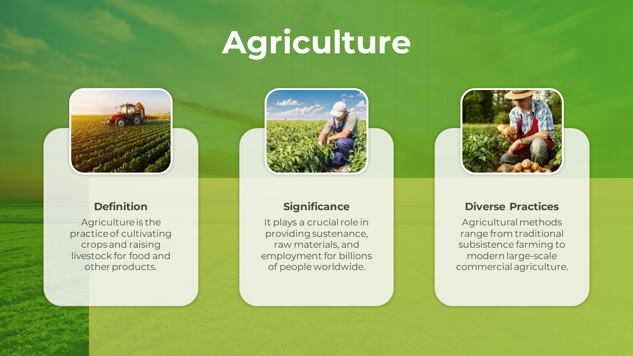 Slide design for agriculture, with three highlighted areas with relevant farm images with green-themed background.