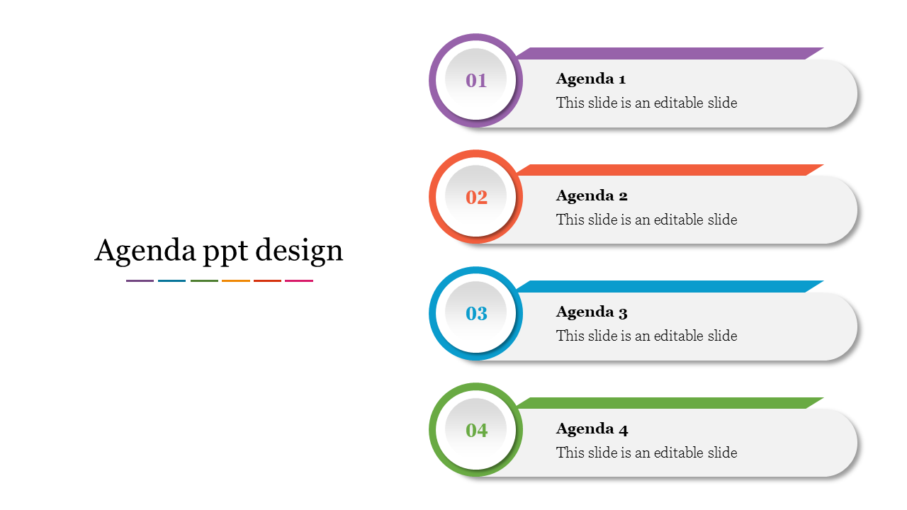 Agenda slide with four numbered sections in purple, orange, blue, and green, each with caption areas.