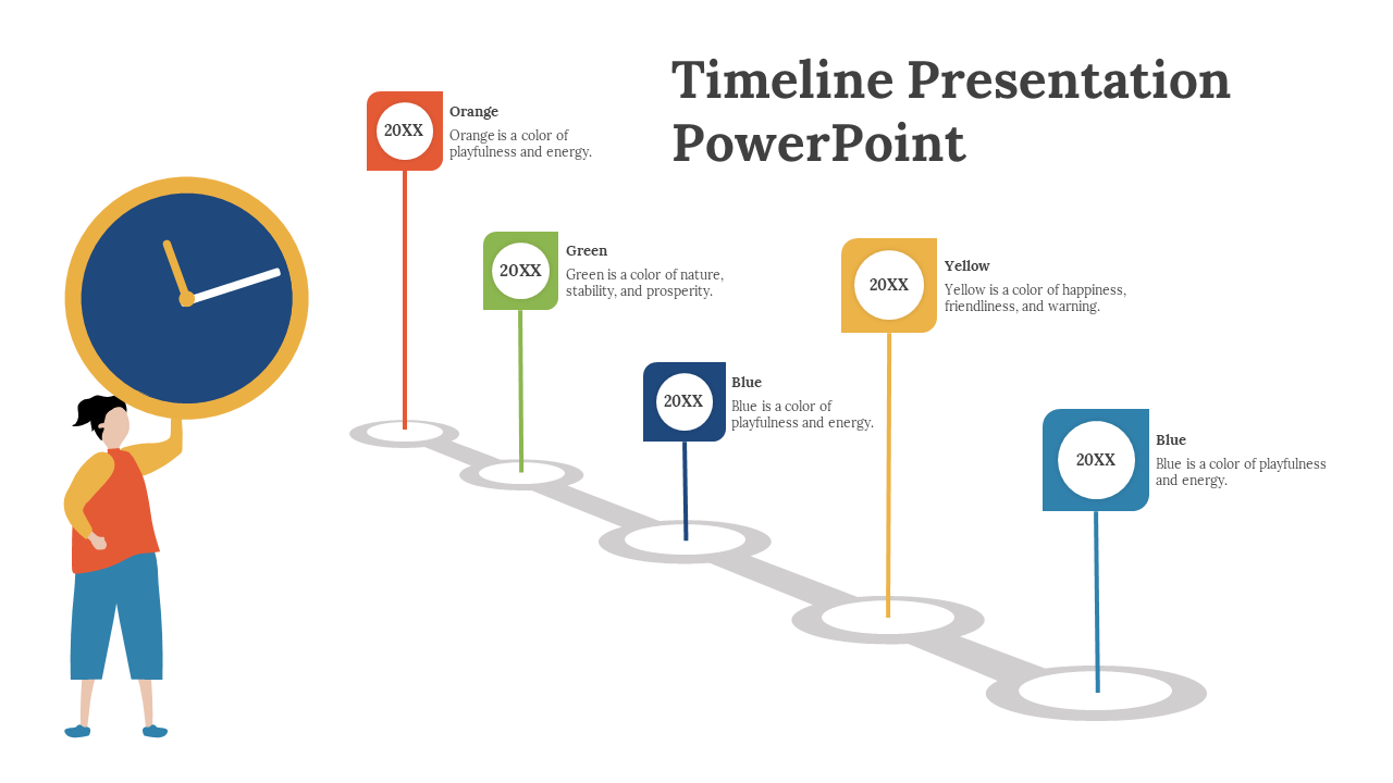 Winding timeline path with colorful milestone labels, accompanied by a clock illustration held by a figure.