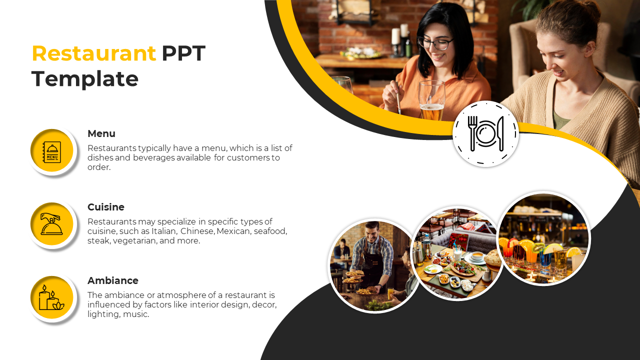 Restaurant PPT slide with sections on menu, cuisine, and ambiance, featuring three circular food images with text area.