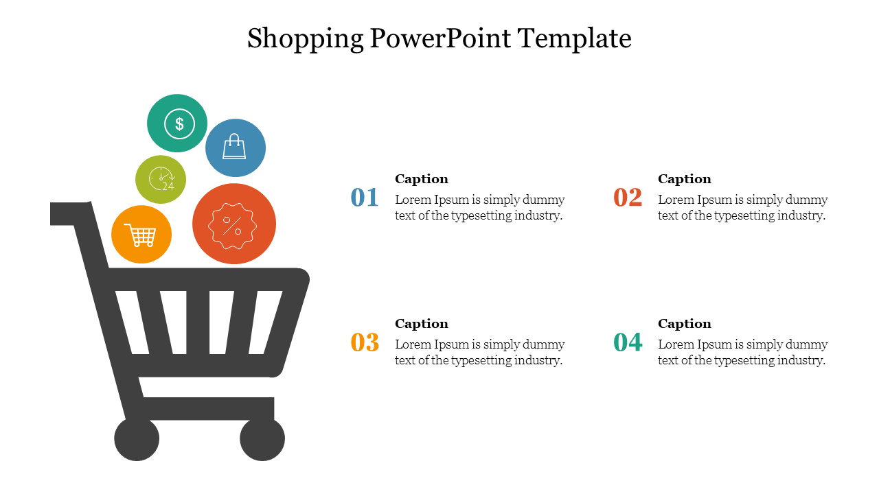 Shopping PowerPoint template featuring a cart filled with colorful icons and four numbered caption areas.