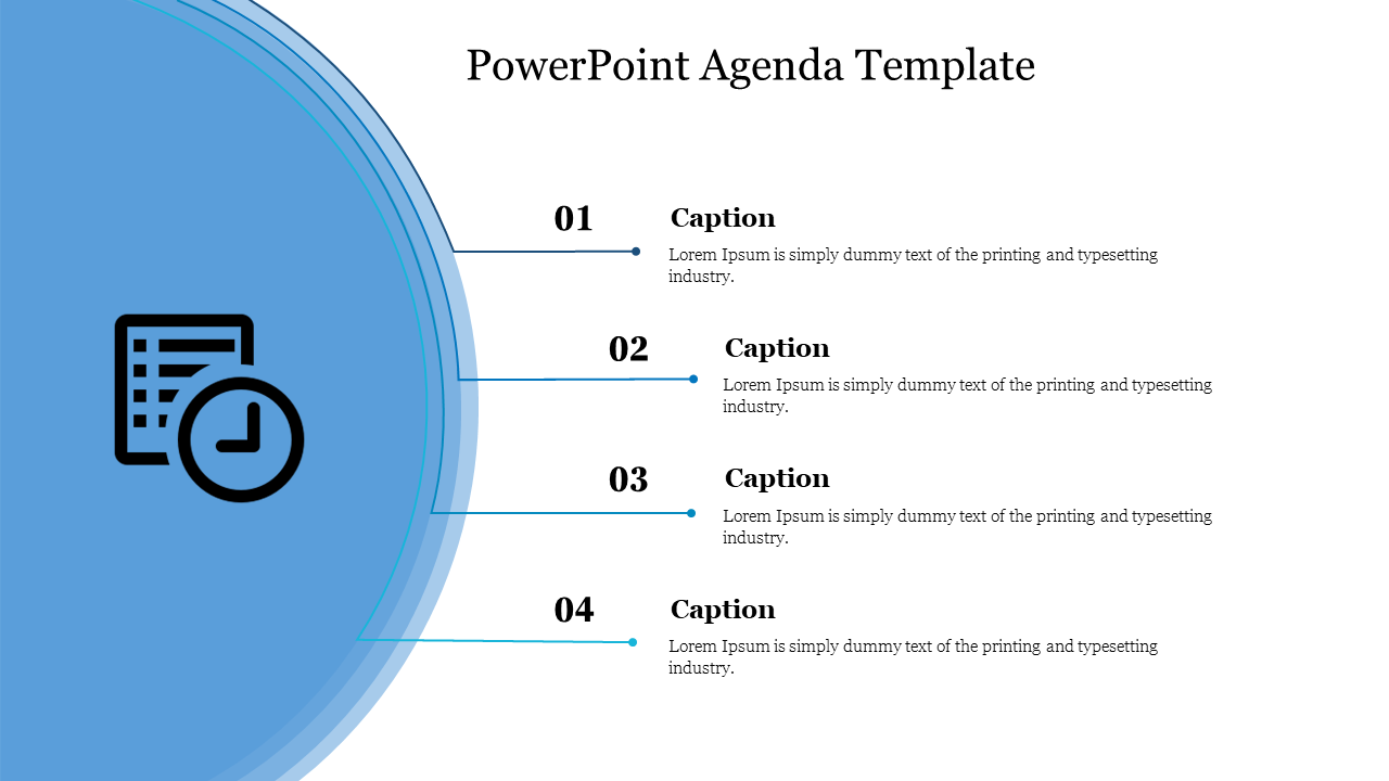 Agenda slide with a blue circular gradient on the left featuring an icon, and four numbered captions on the right.