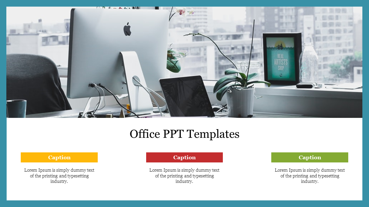 Office slide featuring a modern workspace desk setup and three descriptive captions in yellow, red, and green.