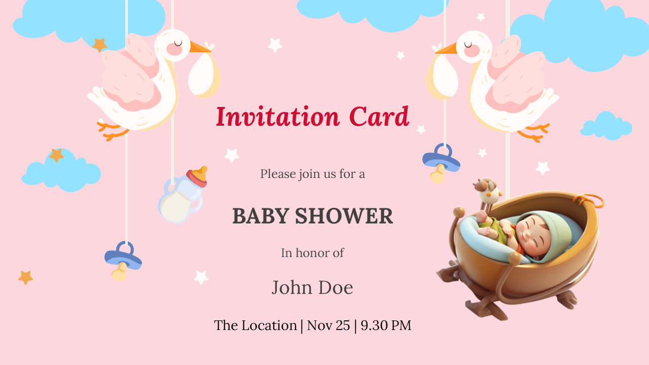 Baby shower invitation card featuring storks, a crib, and details about the event in a colorful design on a pink backdrop.