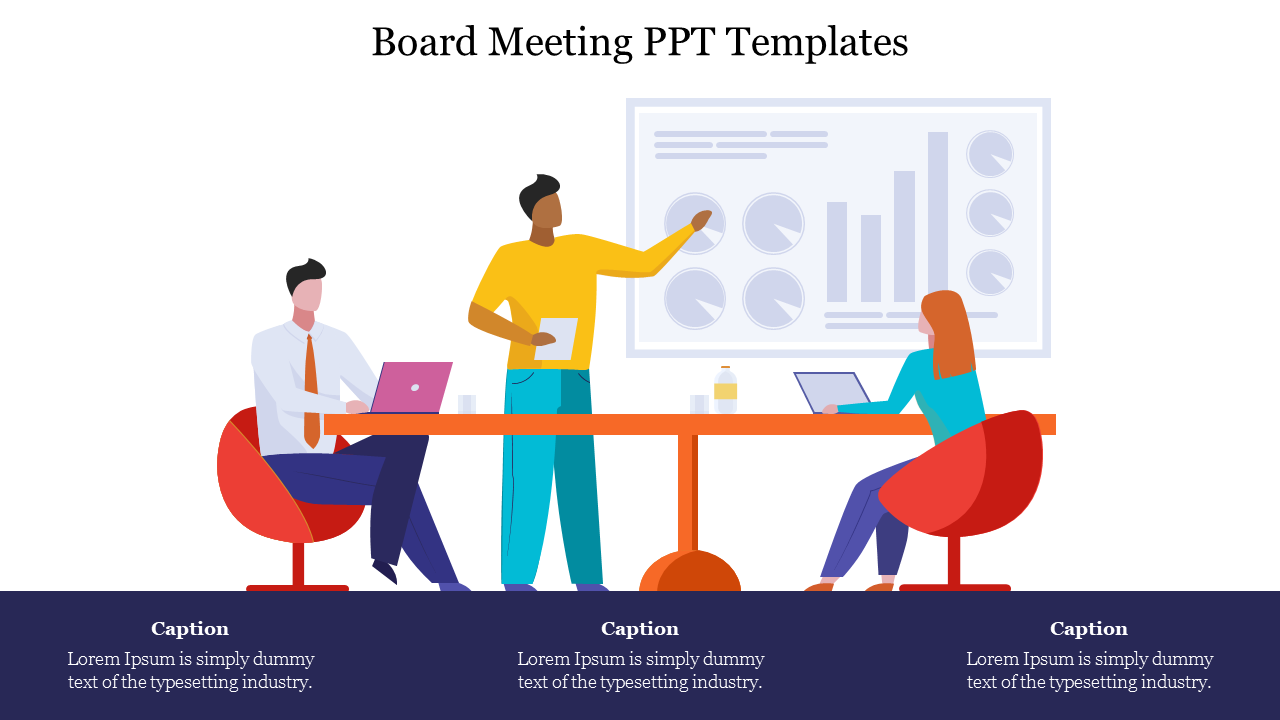 Illustration of a team discussing in a meeting room with a presenter pointing a graph board, and three captions below.