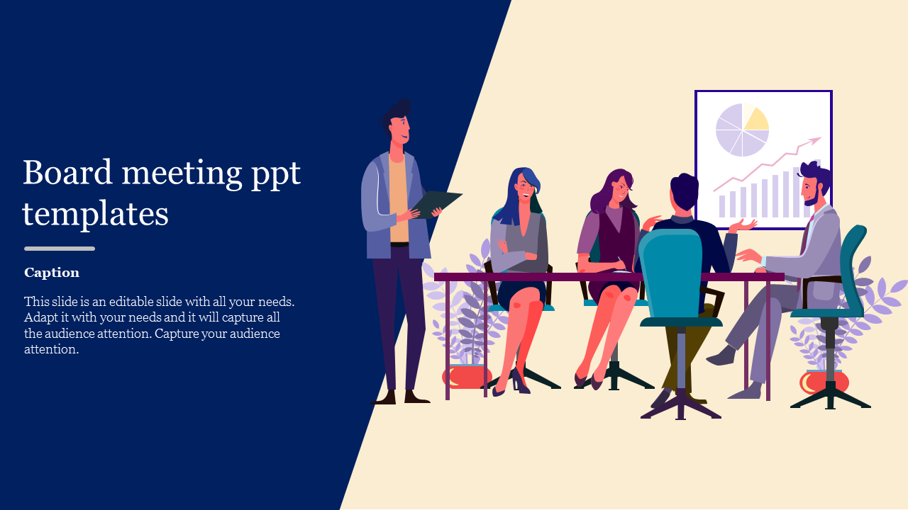 Board meeting template with a group of professionals seated around a table, analyzing graphs and charts with a caption text.