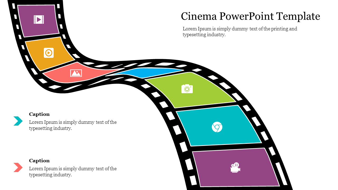 Curved film strip with colorful segments, each displaying a cinema-related icon, camera and video player with caption area.