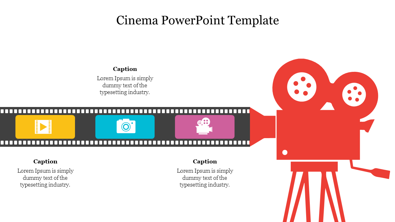 Red vintage movie camera with a film strip running horizontally, featuring colorful icons in yellow, blue, and purple.