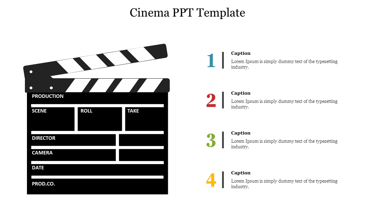 Cinema PowerPoint template featuring a clapperboard design with numbered captions on the side.