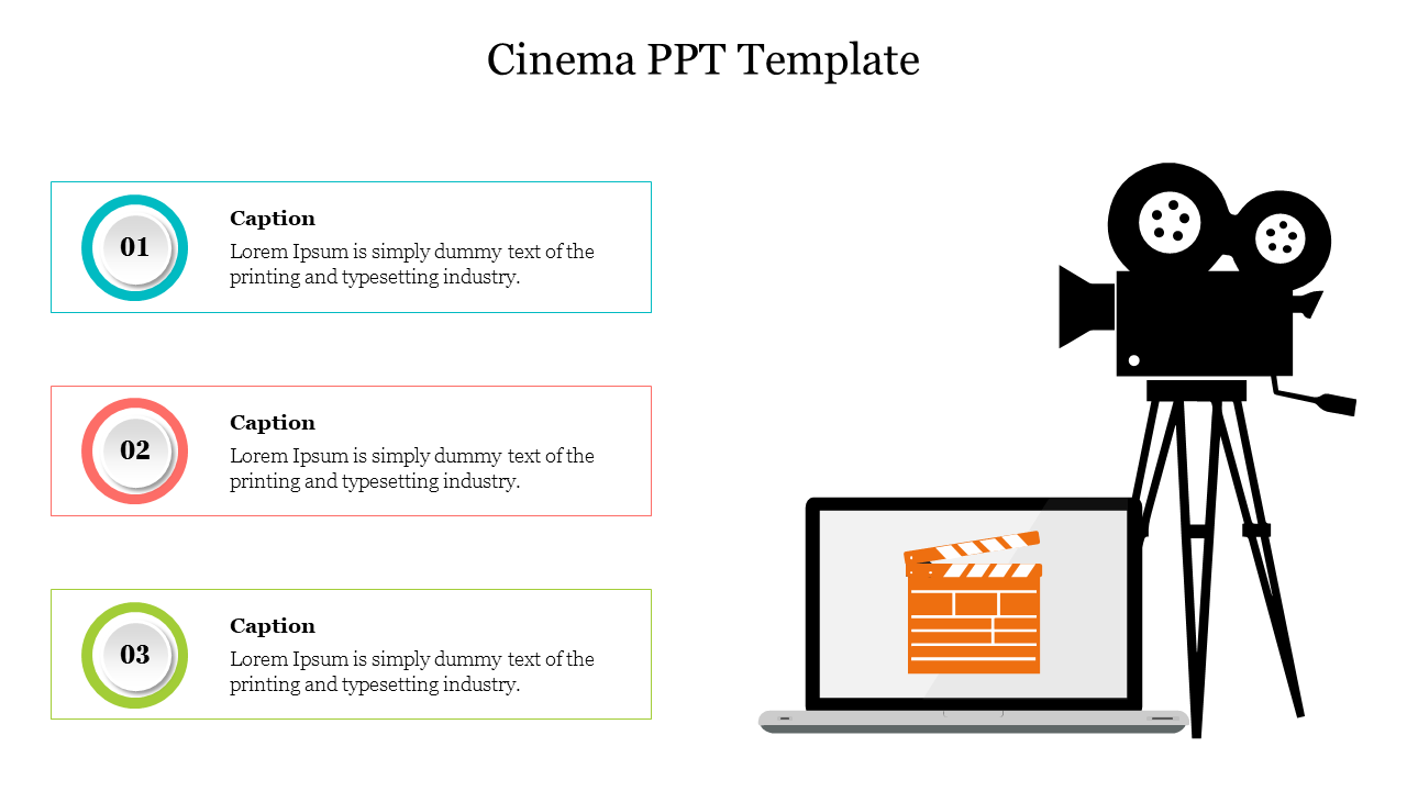 Cinema PPT slide with numbered sections featuring a camera icon, laptop with a movie clapboard, and colorful captions.