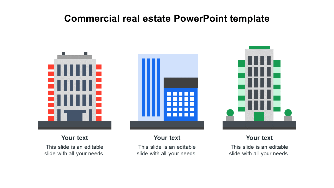 Commercial real estate slide featuring icons of three colored office buildings with space for placeholder text.