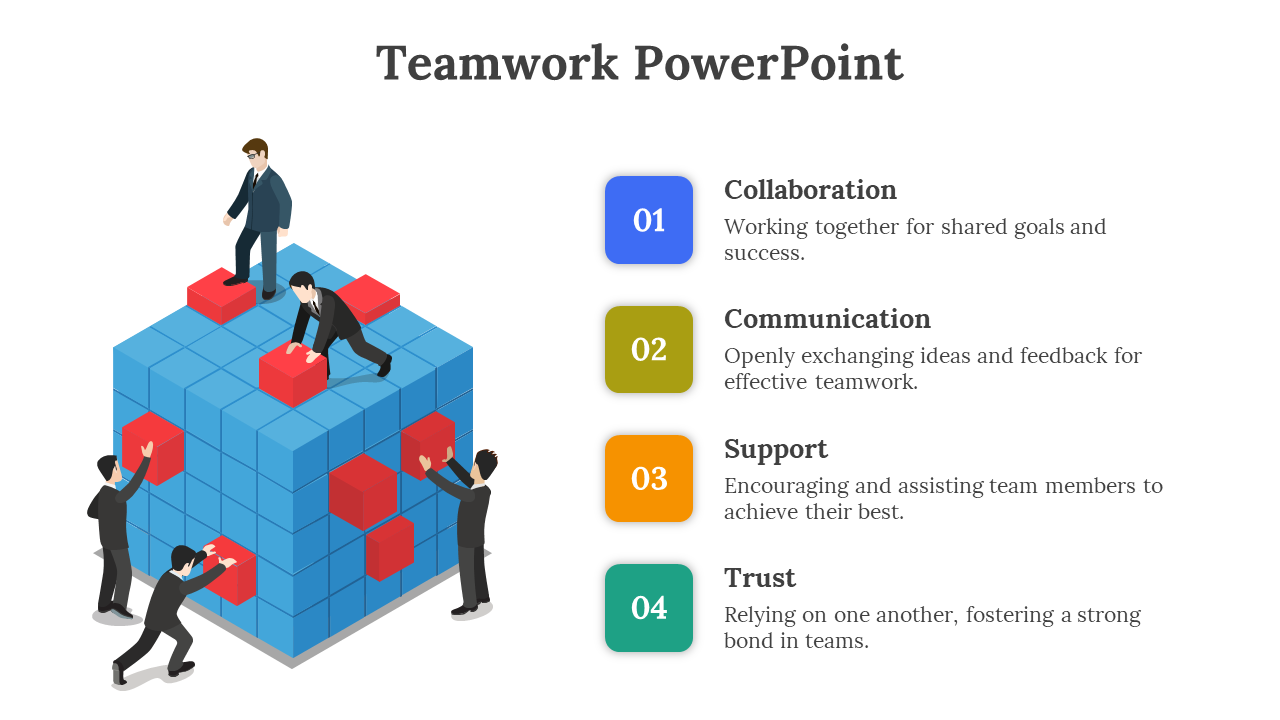 A teamwork themed PowerPoint slide with a group of people assembling a 3D puzzle and sections for key concepts.