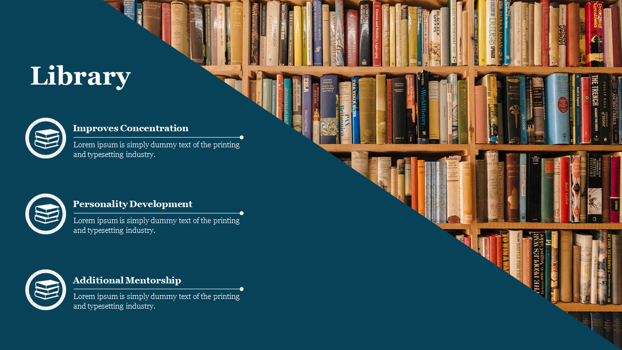 Library themed template showing a diagonal split with a bookshelf and three text sections about learning benefits.