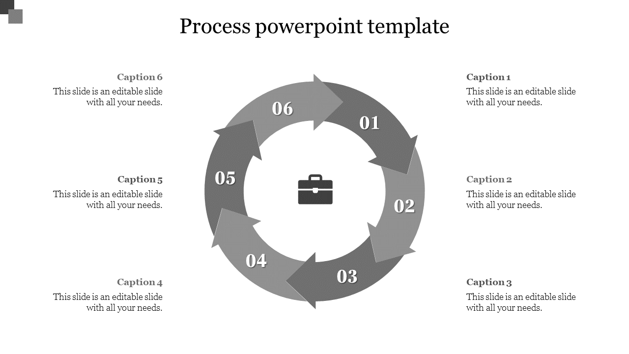 Gray circular diagram with six sections, each featuring a number and caption, arranged in a clockwise direction.