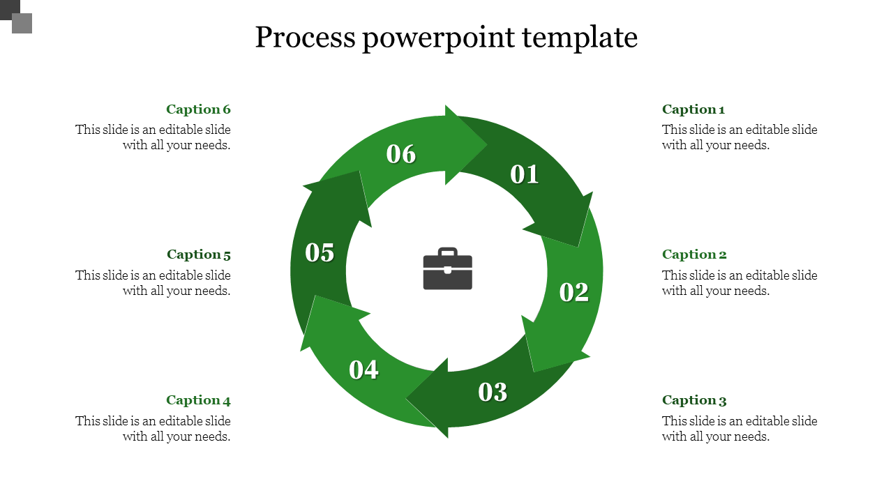 Circular process slide with six green arrows forming a loop, numbered 01 to 06, surrounding a briefcase icon at the center.