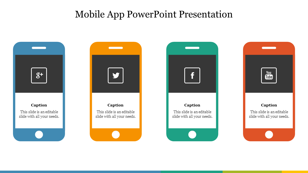 Mobile app slide with colorful phone icons representing social media platforms, featuring three  captions areas.