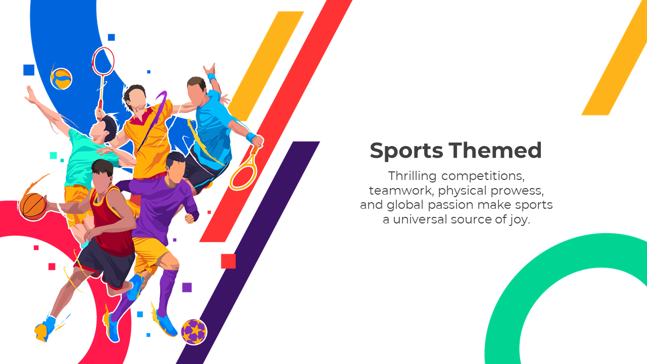 Colorful sports-themed slide featuring athletes in action poses with bold lines and dynamic text in a white background.