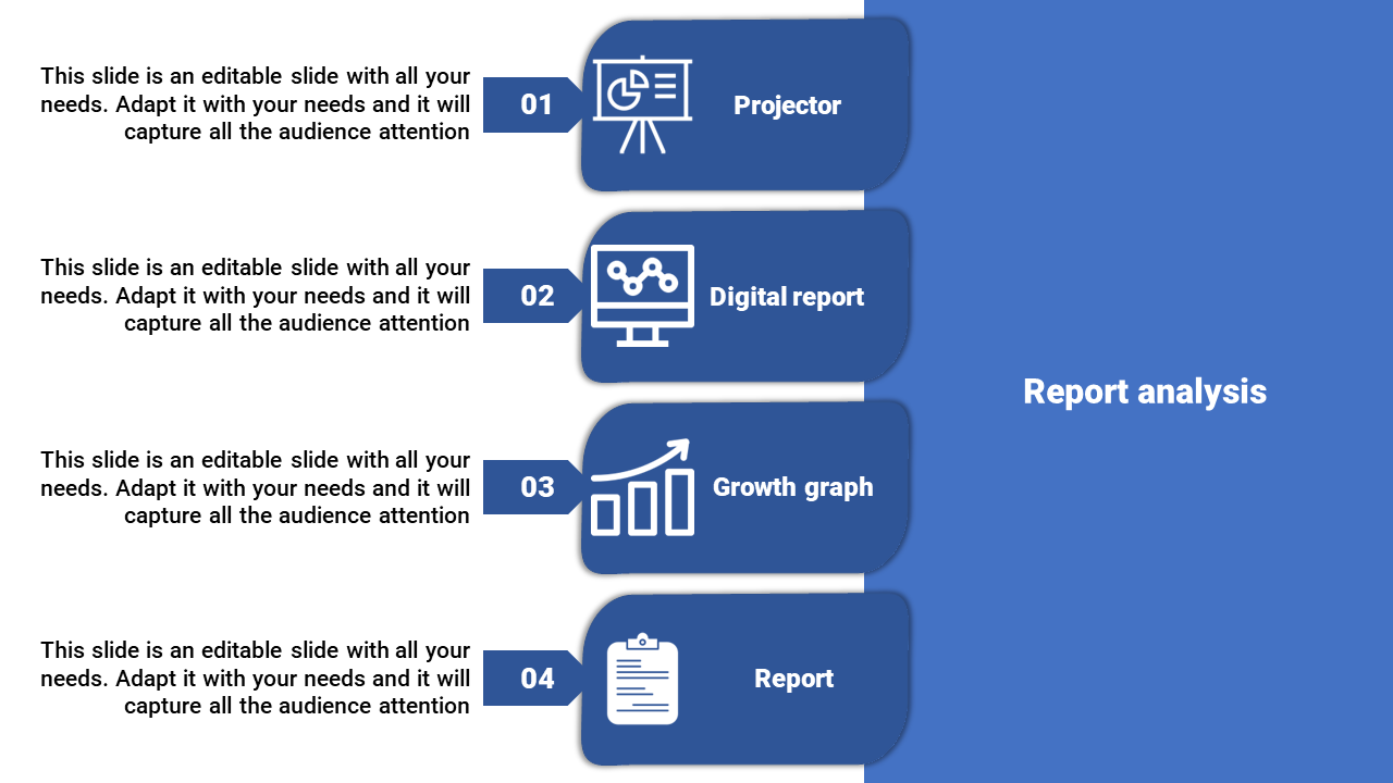 Vertical layout with numbered blue boxes showcasing steps for report analysis, including projector, report, and graph icons.