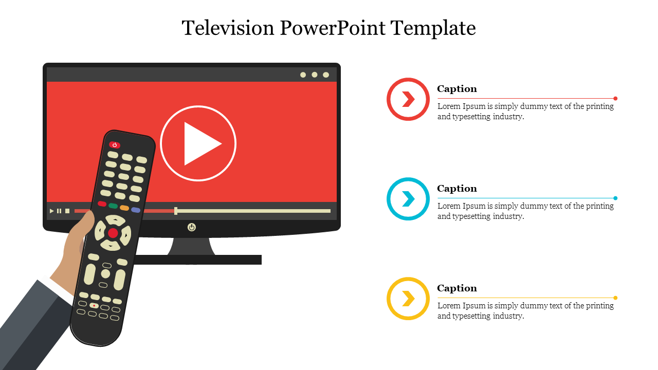 Illustration of a hand with a remote control aimed at a red TV screen with a play button, alongside three captions.