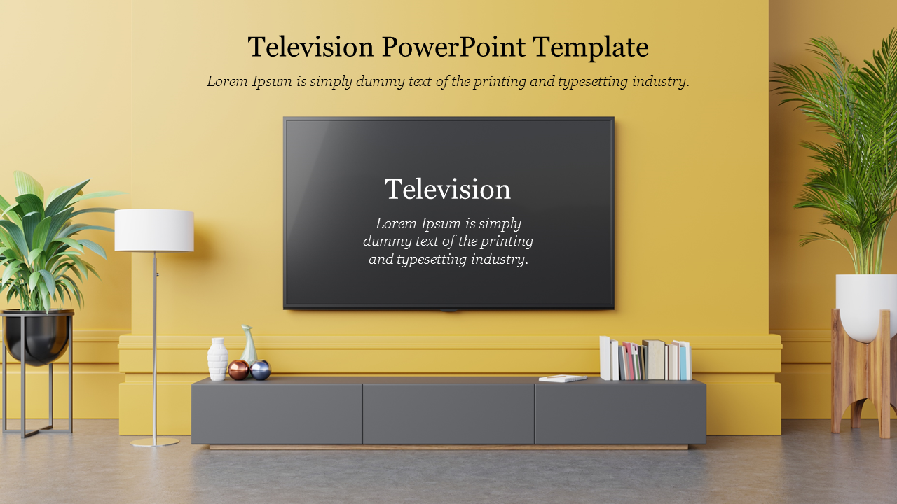 Slide featuring a TV setup in a living room with a lamp and books, with text explaining the concept of television.