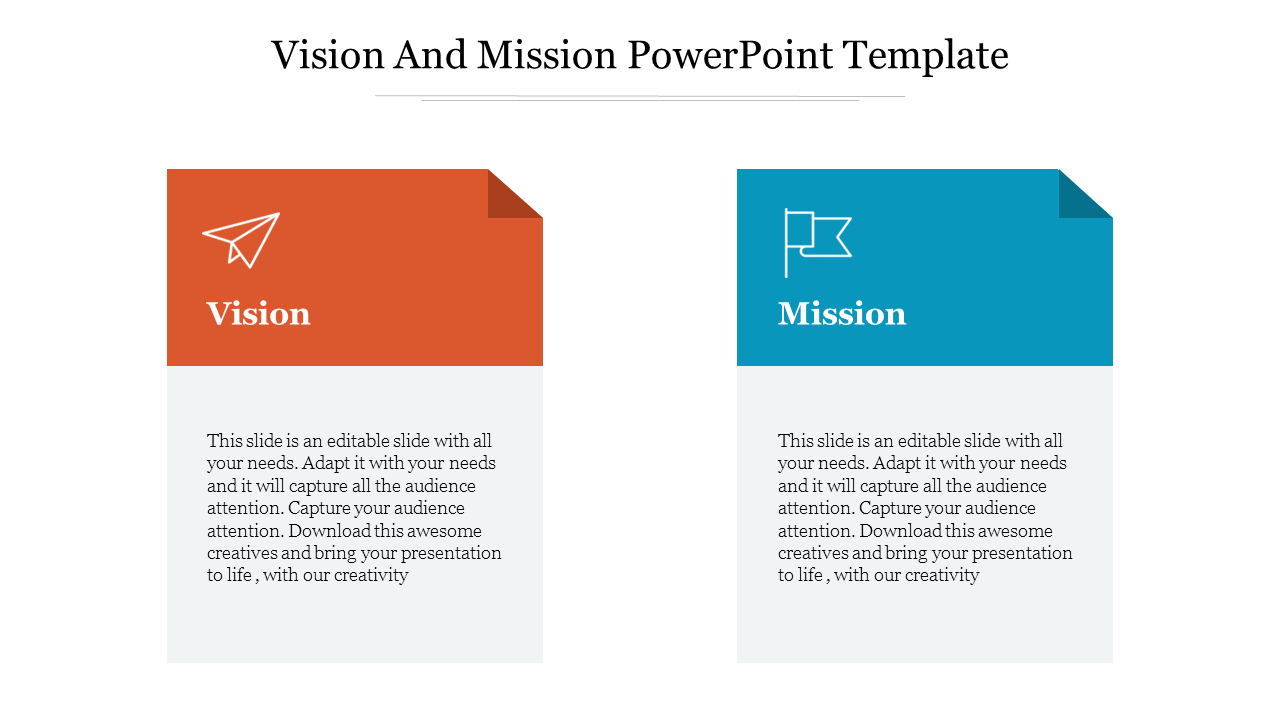 Vision and mission boxes side by side, with red and blue headers, featuring icons of a paper plane and flag.