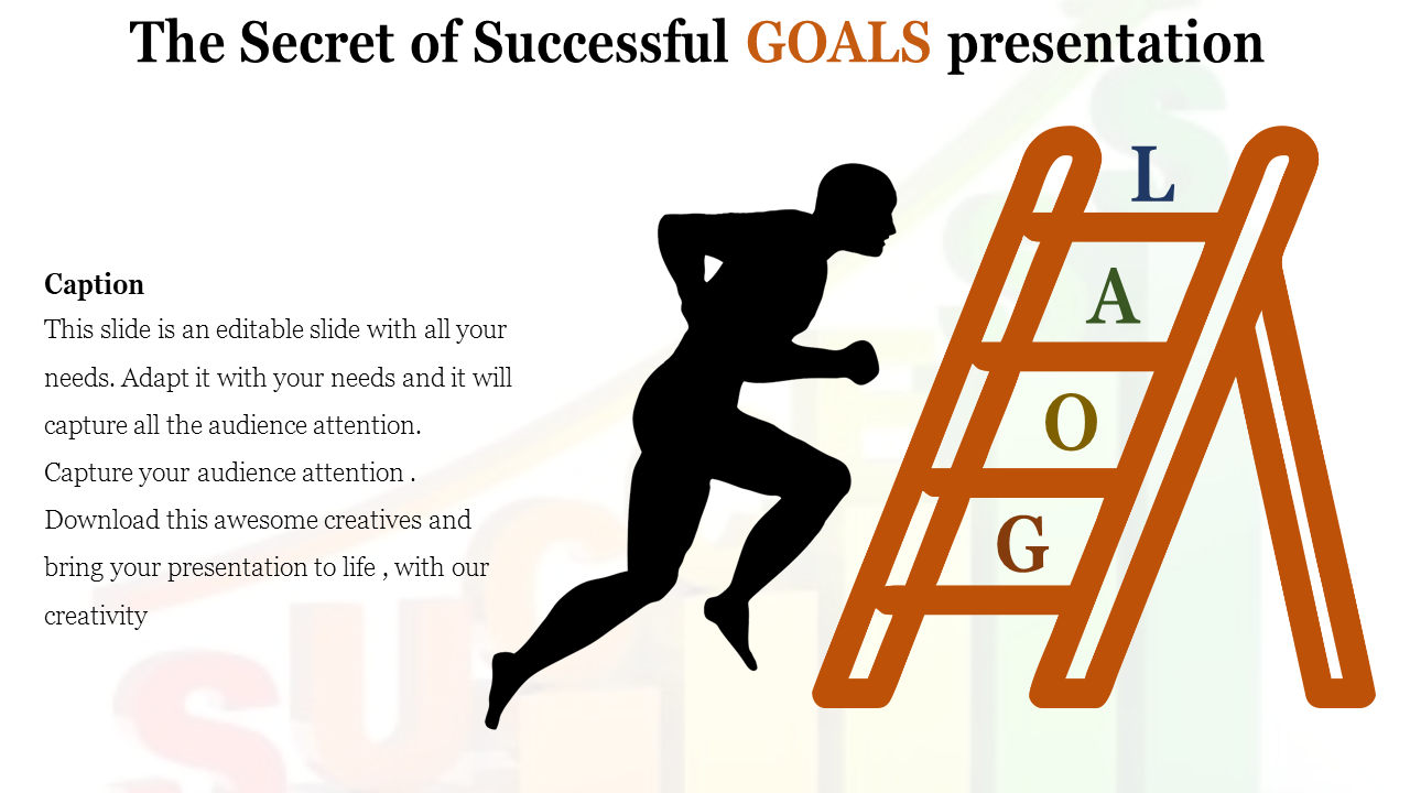 Slide with a silhouette of a running figure beside a brown ladder symbolizing steps to achieving goals on a white background.