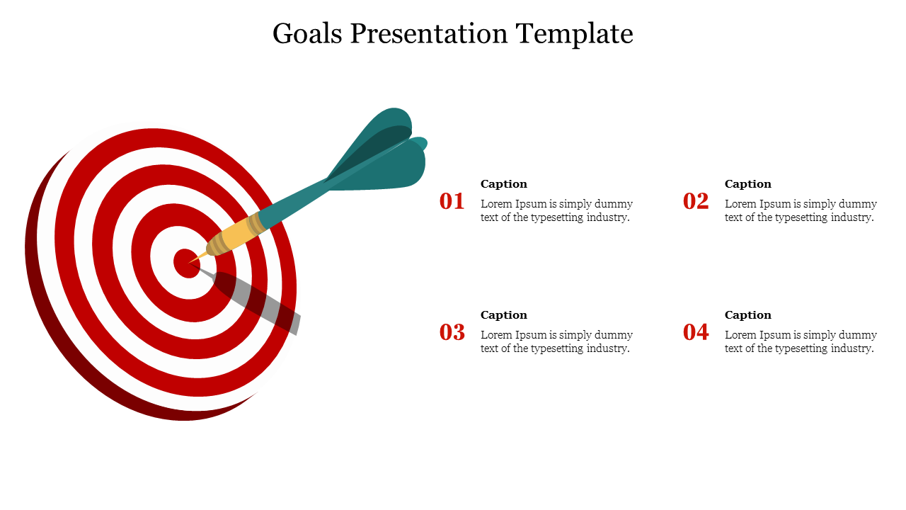 Goals slide featuring a target with a teal dart in the center and numbered placeholders text areas.