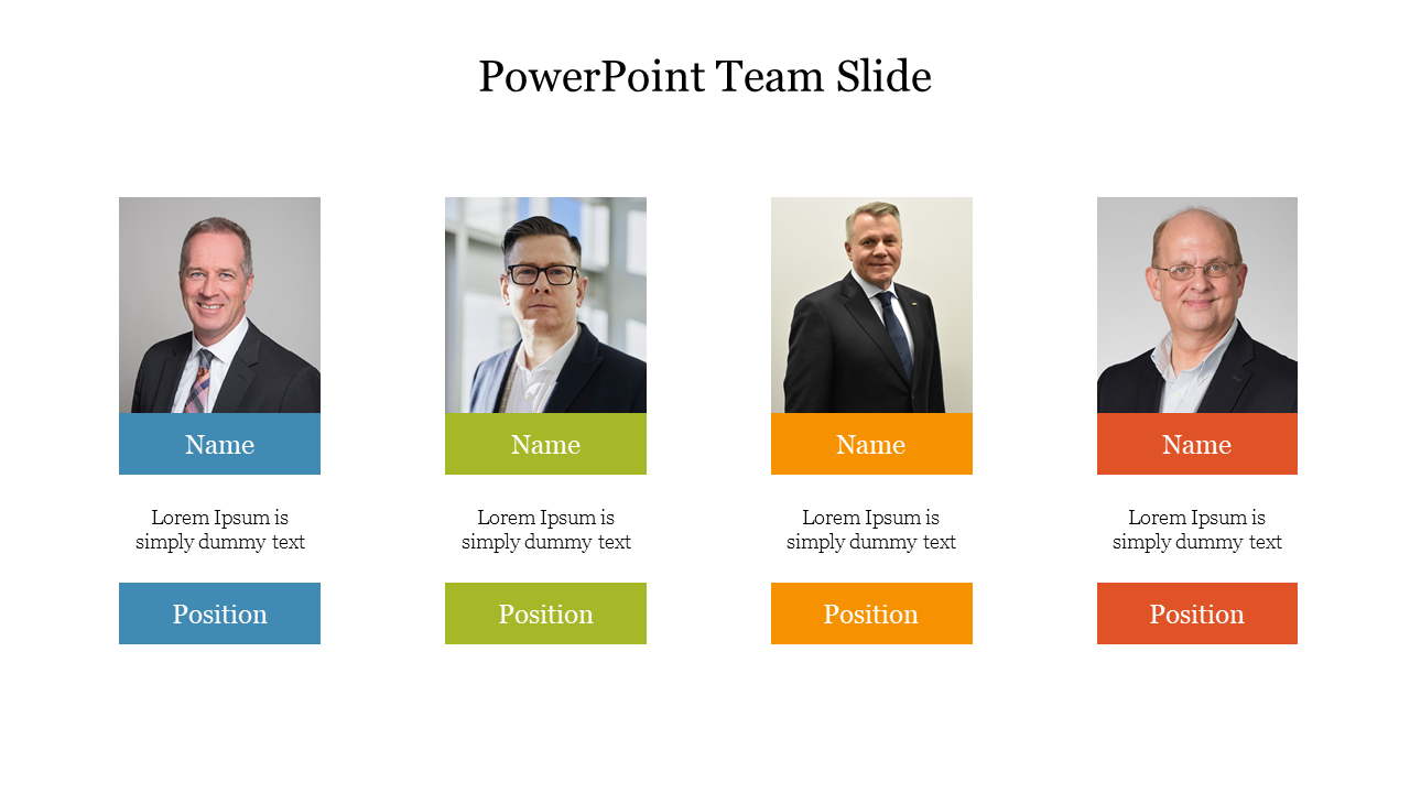 PowerPoint team slide featuring four team members with names, positions, and professional photos.