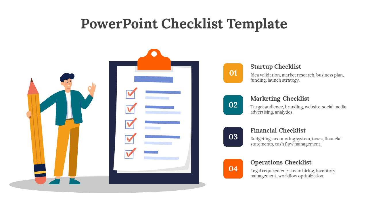 Illustration of a person holding a pencil next to a clipboard with a start up and operation checklist alongside four section.