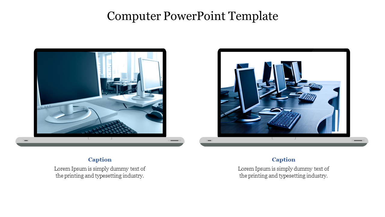 Dual laptop visuals showcasing workplace desktops on white backgrounds with descriptive captions beneath.