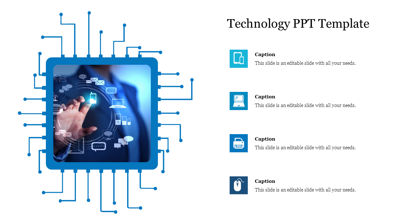 Technology PPT slide featuring a digital interface with a hand interacting with icons, connected to a circuit like design.