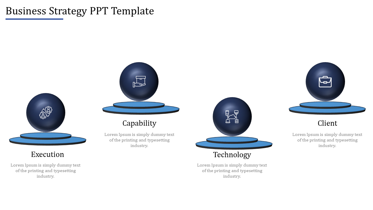 Business slide showing four labeled dark spheres with icons, arranged horizontally on blue platforms.