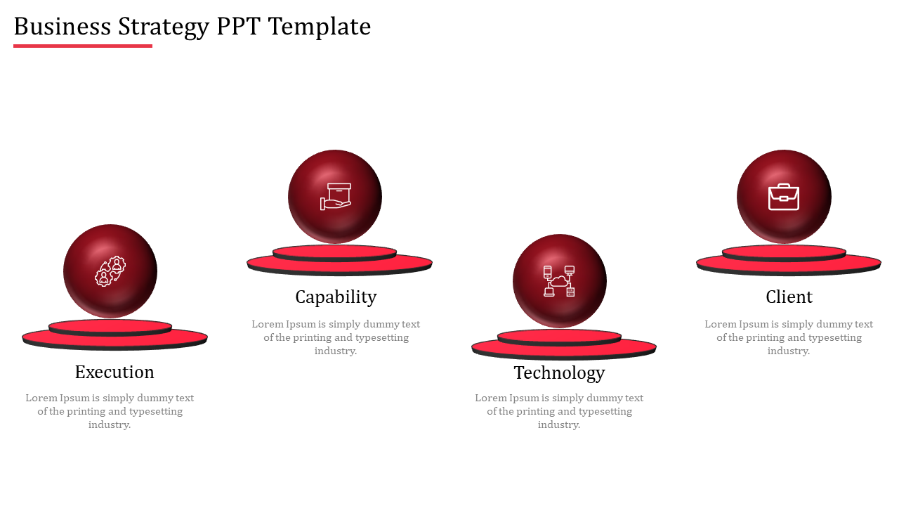 Business strategy design with glossy red spheres on platforms, featuring icons for gears, hand, network, and briefcase.