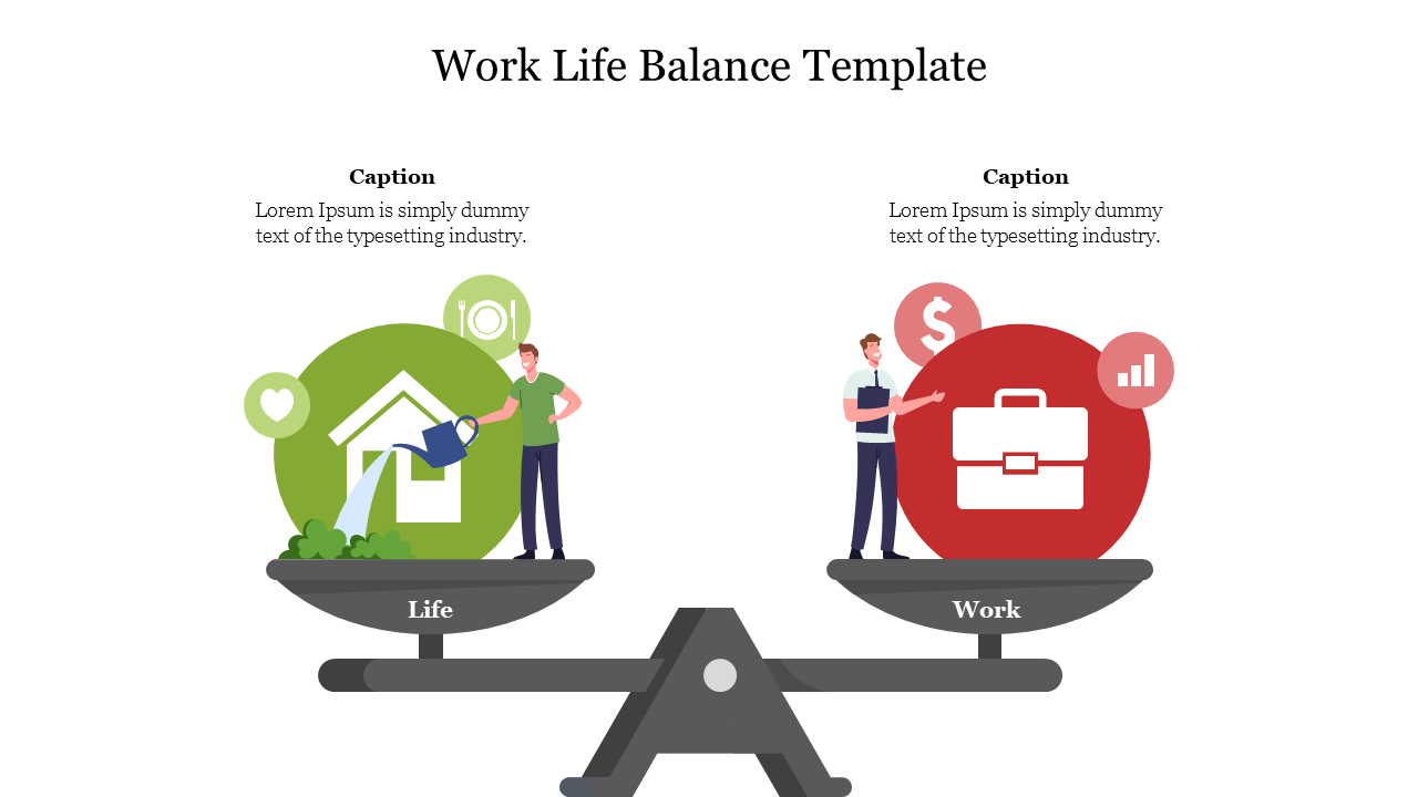 Illustration of a gray scale balancing a green circle with home and red circle with work related icons, with captions above.