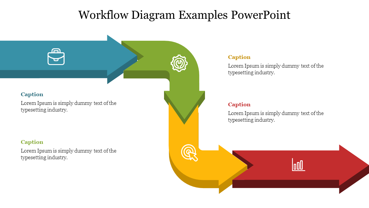 Workflow diagram with blue, green, yellow, and red arrows connected in a right angled path, each with icons.