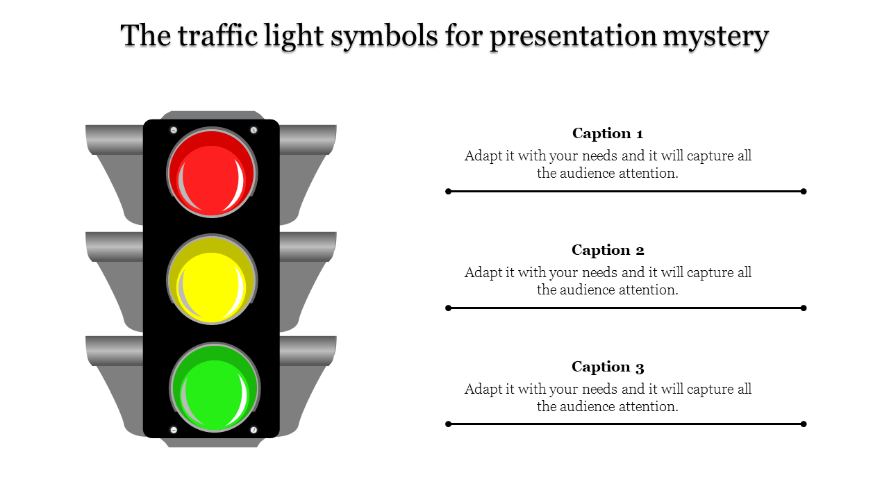 Traffic light with red, yellow, and green signals, linked to three captions on the right with horizontal lines.