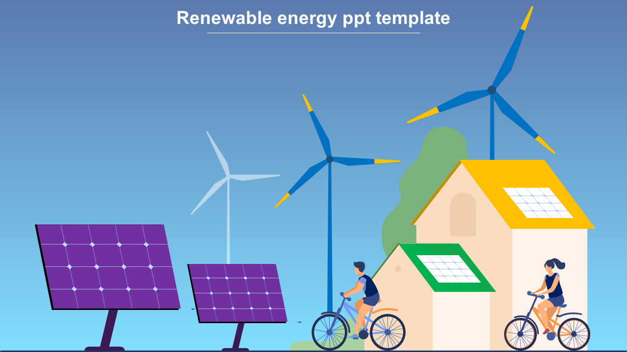 Renewable energy slide design featuring solar panels, wind turbines, and people cycling in front of eco-friendly houses.