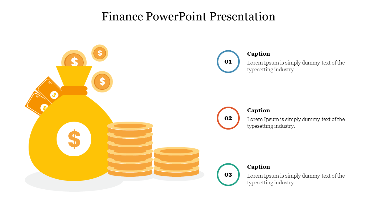 Financial illustration with a gold money bag, coin stacks, and three sequential captions in blue, orange, and green.