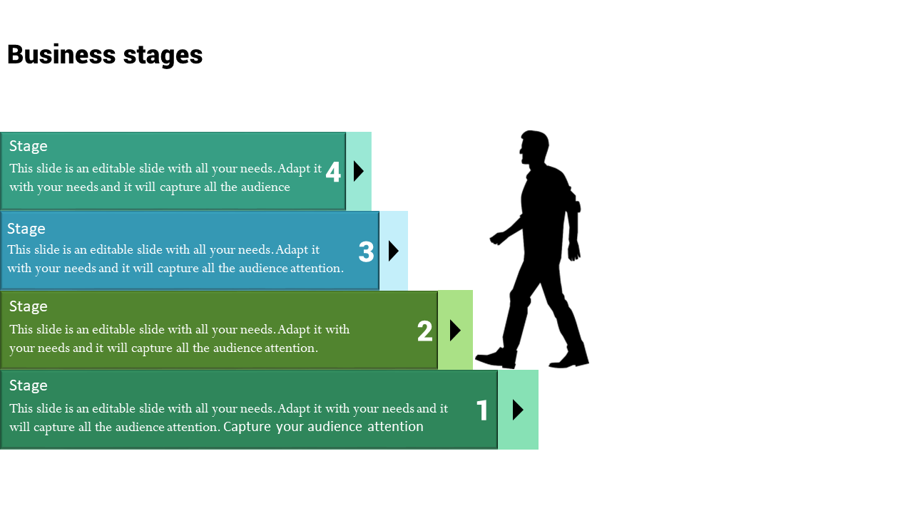 Business stages PowerPoint slide with numbered steps, from stages 1 to 4, with a walking figure and placeholder text.