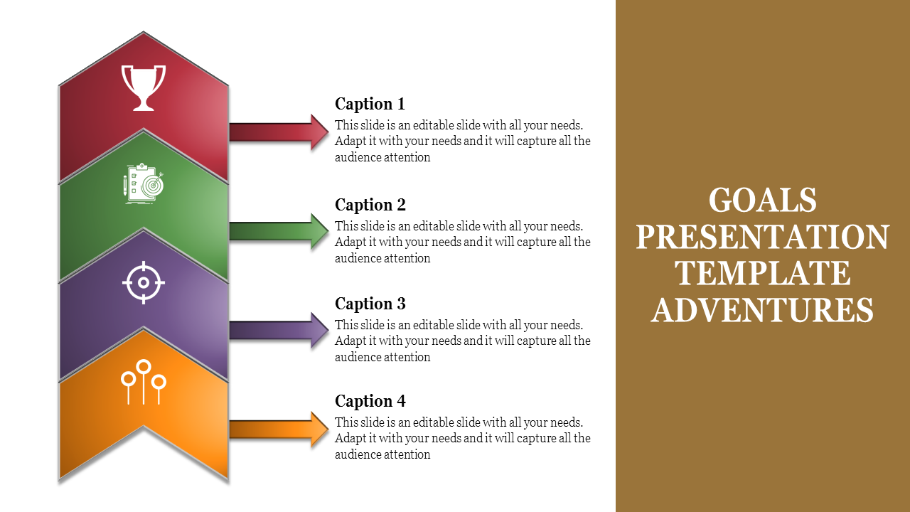 Vertical arrow layout with red, green, purple, and orange sections featuring icons and captions, with a brown side panel.