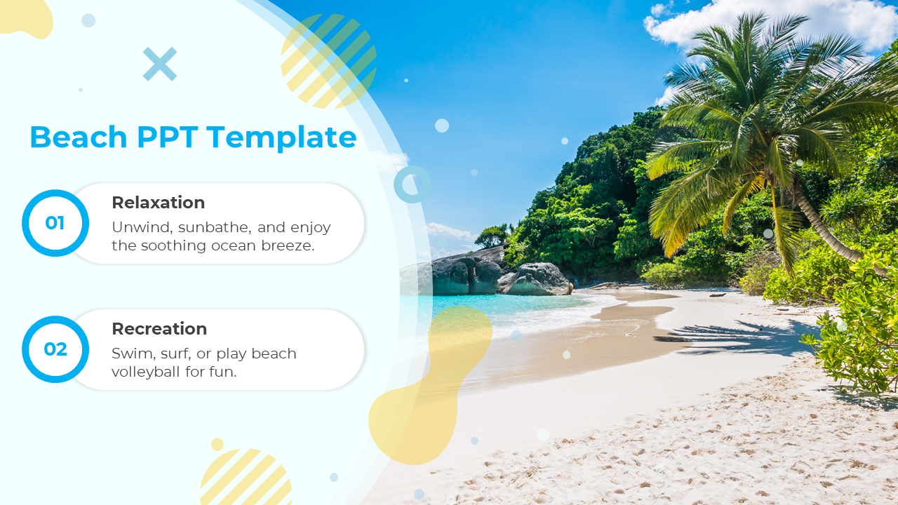 Beach scene with palm trees, blue sky, white sand, and ocean, with two text boxes on a curved white design.