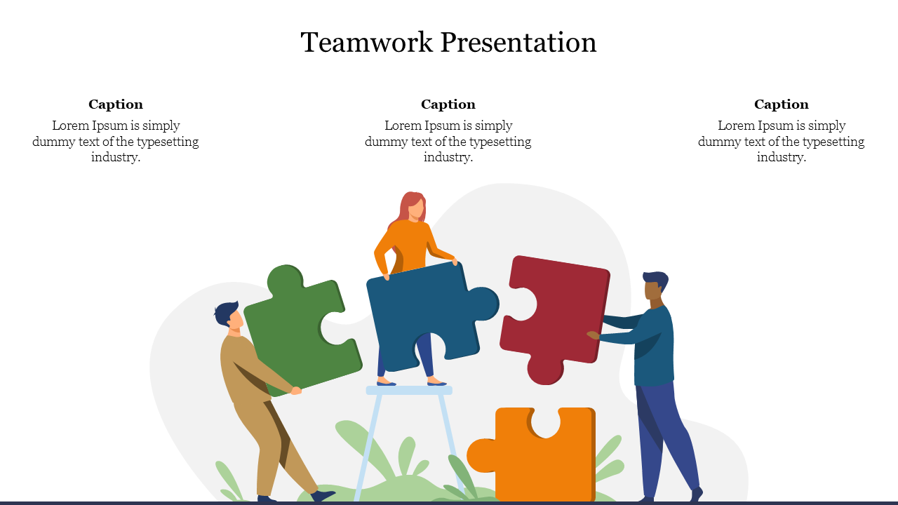 Slide featuring an illustration of people working together to place large puzzle pieces, with spaces for caption areas.